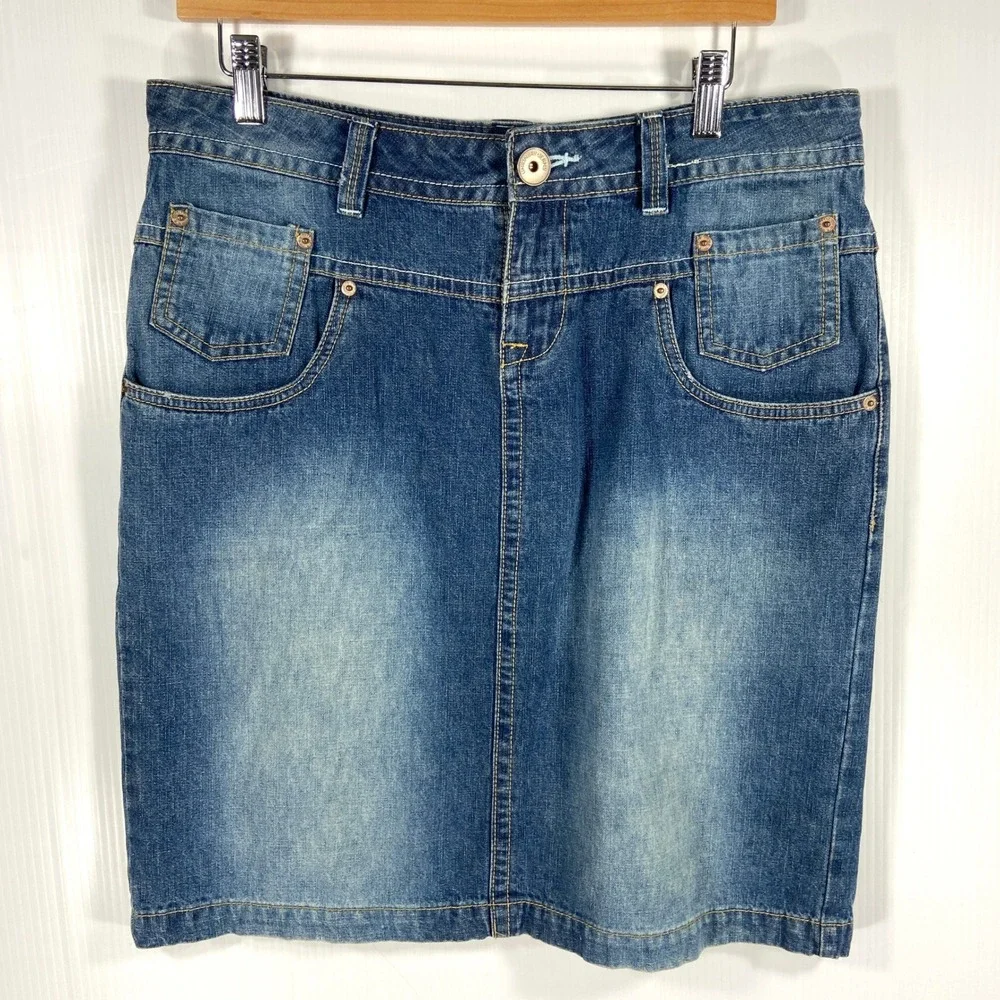 VTG Unionbay Y2K Blue Denim‎ Knee Length Skirt Junior Womens 11